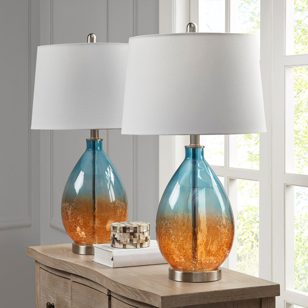 Ombre Glass Table Lamp Set of 2 | 26.75" Blue Gradient Base, Tapered Drum Shade, LED Bulb Included