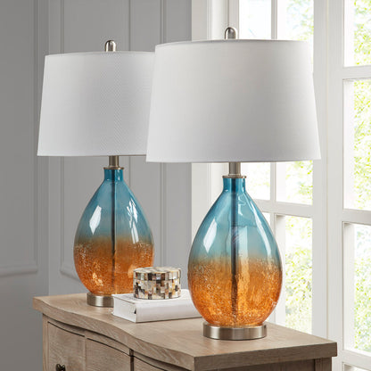Ombre Glass Table Lamp Set of 2 | 26.75" Blue Gradient Base, Tapered Drum Shade, LED Bulb Included