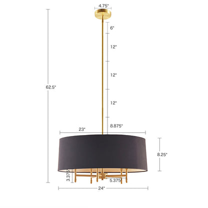 5-light drum shade chandelier with black cotton-linen shade and gold plated brass frame, showing detailed dimensions including adjustable height up to 62.5 inches.
