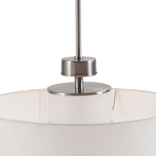 Silver Metal Pendant Light with White Linen Drum Shade | Urban Modern Hanging Fixture