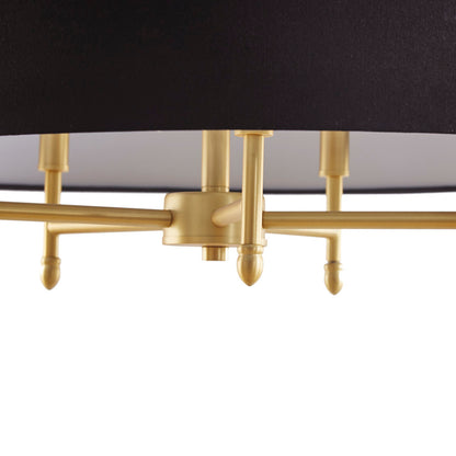 Close-up of 5-light drum shade chandelier's gold plated brass fixture with black cotton-linen shade, showing detailed hardware
