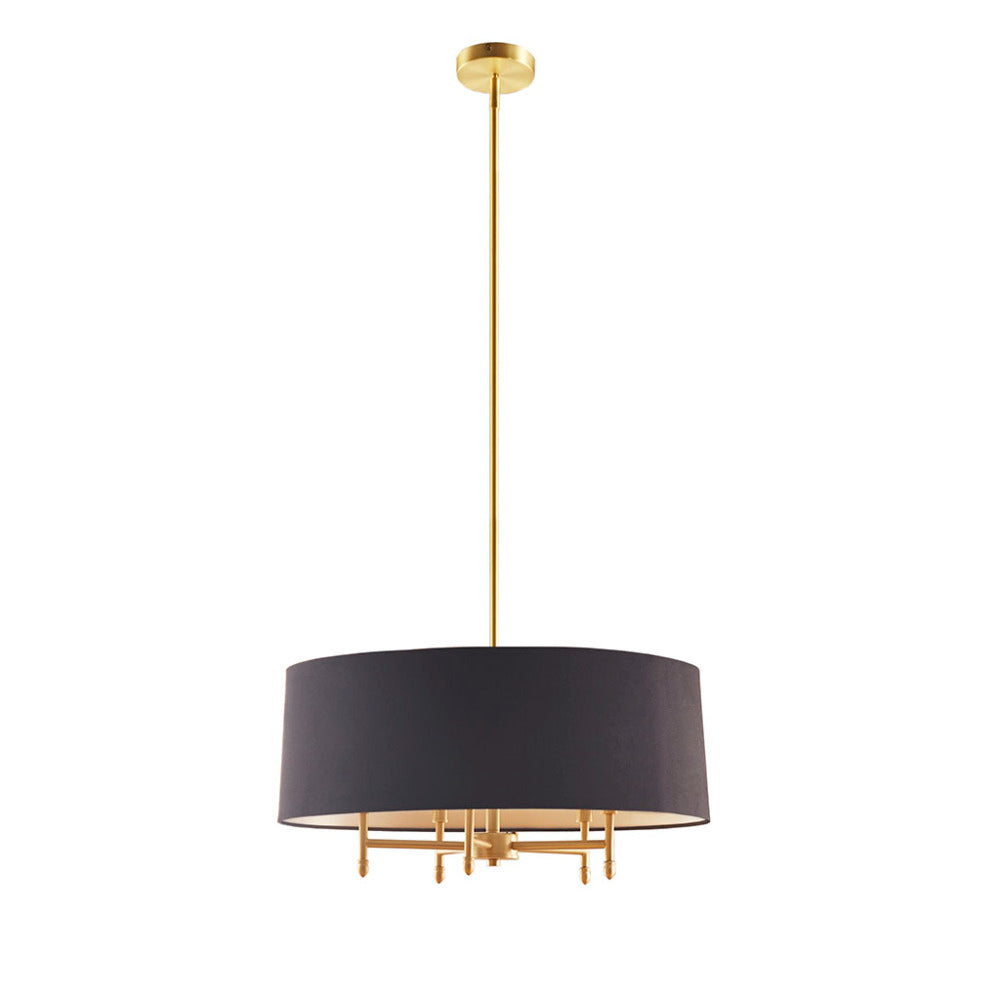 5-light drum shade chandelier with black cotton-linen fabric shade and gold plated brass frame, adjustable to 62.5 inches