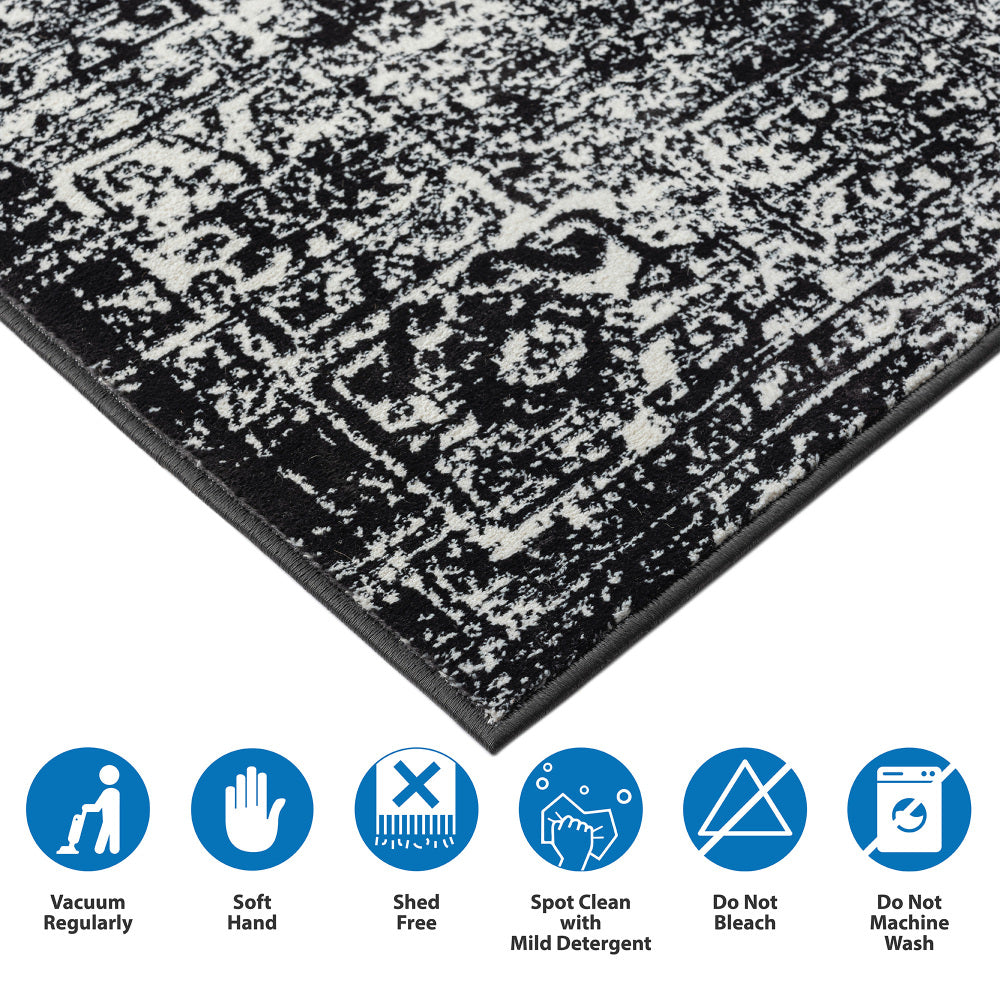 8×10 Distressed Vintage Persian Area Rug | OEKO-TEX Certified Woven Black & Cream Design — Non-Slip, Stain & Fade Resistant, Made in Turkey