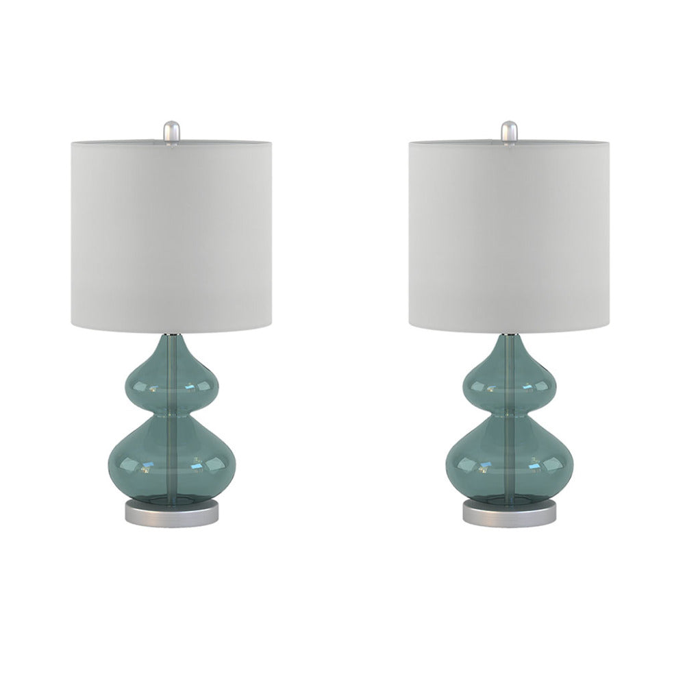 Curved Glass Table Lamps (Set of 2) – Double-Stacked Gourd Base, White Drum Shade & LED Bulbs Included | Blue or Gold