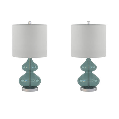 Curved Glass Table Lamps (Set of 2) – Double-Stacked Gourd Base, White Drum Shade & LED Bulbs Included | Blue or Gold