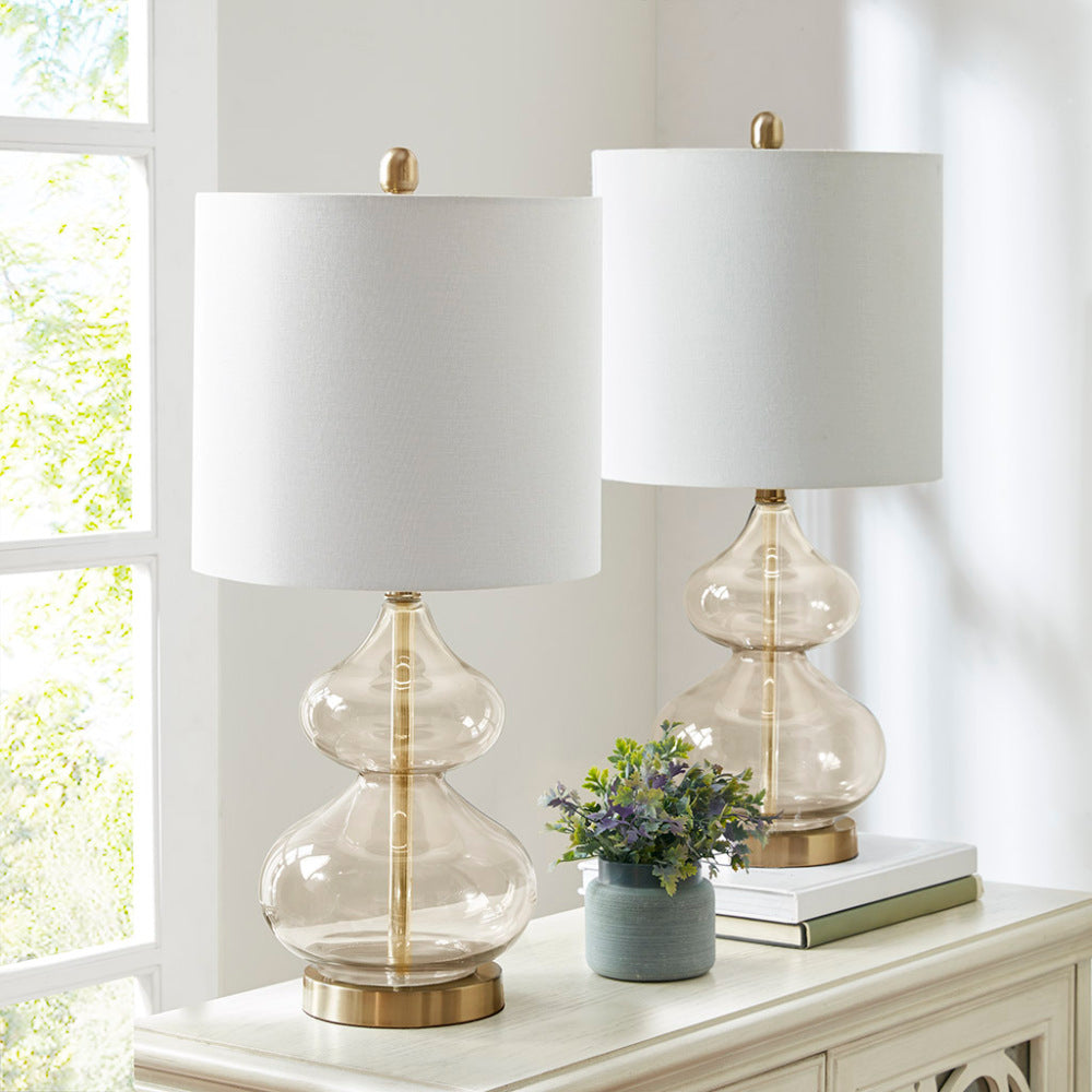 Curved Glass Table Lamps (Set of 2) – Double-Stacked Gourd Base, White Drum Shade & LED Bulbs Included | Blue or Gold Gold