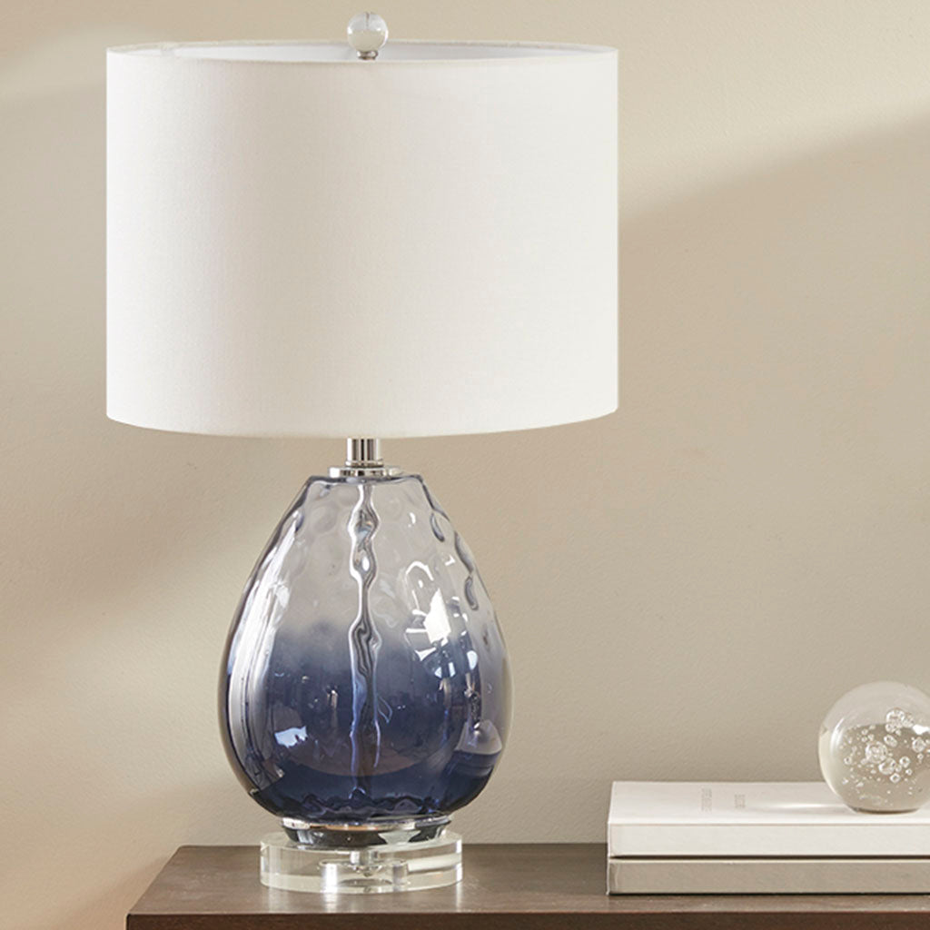 Ombre Glass Table Lamp – Blue Green & Dark Blue, White Drum Shade & LED Bulb Included | Modern Accent Lamp