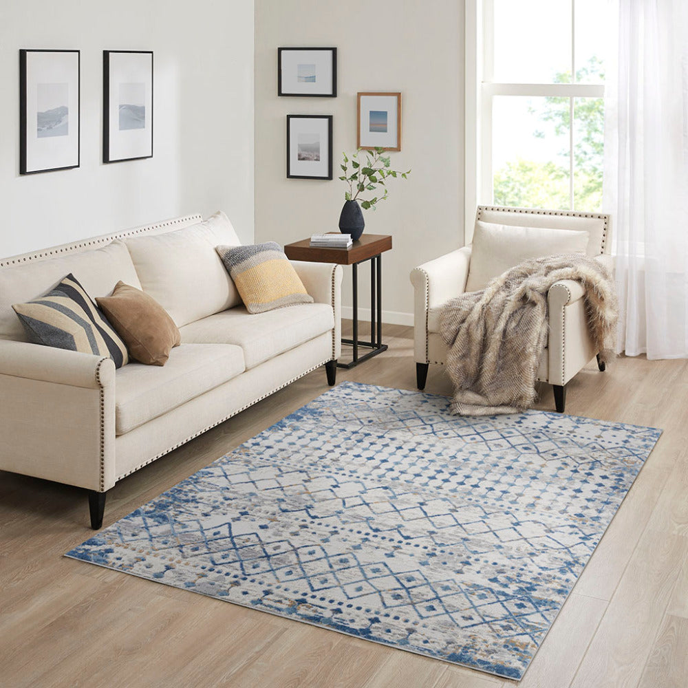 5×7 Moroccan Area Rug | OEKO-TEX Certified Woven Blue & Cream Global Print — Non-Slip, Stain & Fade Resistant, Made in Turkey
