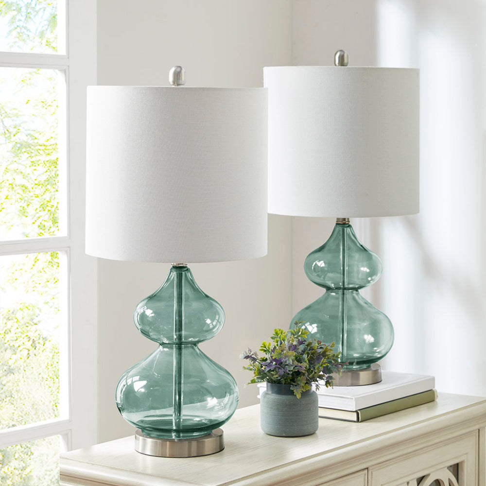 Curved Glass Table Lamps (Set of 2) – Double-Stacked Gourd Base, White Drum Shade & LED Bulbs Included | Blue or Gold