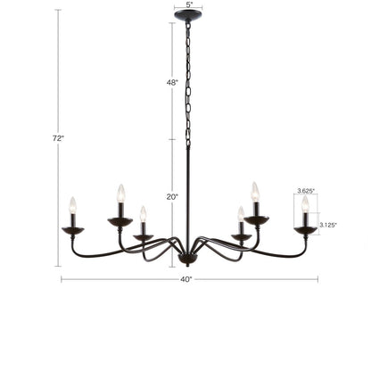 6-Light Metal Chandelier – Matte Black, 40" Wide, Adjustable 72" Chain, Dimmable