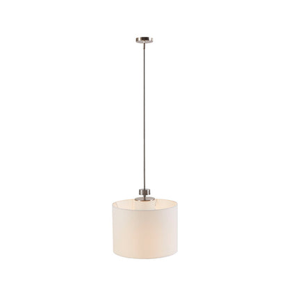 Silver Metal Pendant Light with White Linen Drum Shade | Urban Modern Hanging Fixture