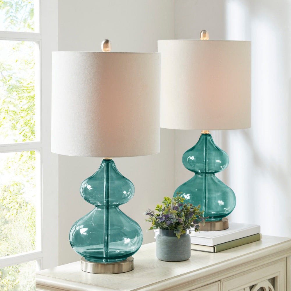 Curved Glass Table Lamps (Set of 2) – Double-Stacked Gourd Base, White Drum Shade & LED Bulbs Included | Blue or Gold