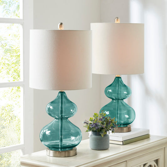 Curved Glass Table Lamps (Set of 2) – Double-Stacked Gourd Base, White Drum Shade & LED Bulbs Included | Blue or Gold