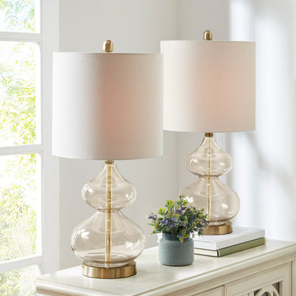 Curved Glass Table Lamps (Set of 2) – Double-Stacked Gourd Base, White Drum Shade & LED Bulbs Included | Blue or Gold