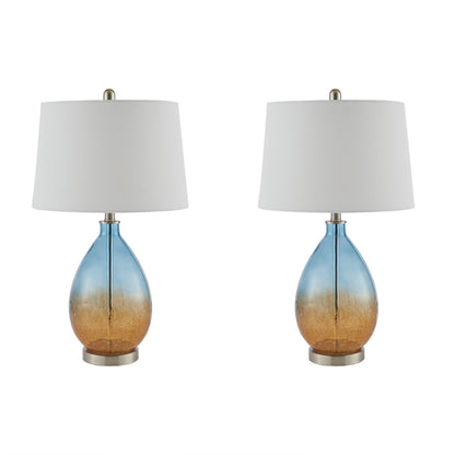 Ombre Glass Table Lamp Set of 2 | 26.75" Blue Gradient Base, Tapered Drum Shade, LED Bulb Included