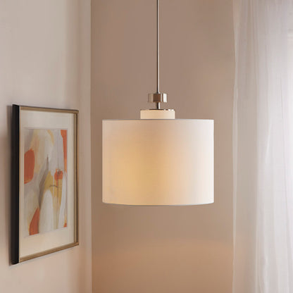 Silver Metal Pendant Light with White Linen Drum Shade | Urban Modern Hanging Fixture