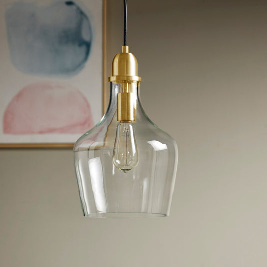 Bell Glass Pendant Light – Gold, Bronze or Silver Metal Base, Clear Glass Shade & Adjustable Cord | 9" Dia