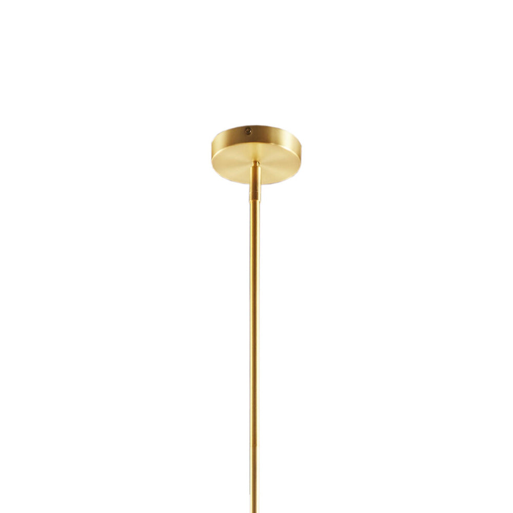 Gold plated brass rod and canopy of 5-light drum shade chandelier, adjustable to 62.5 inches