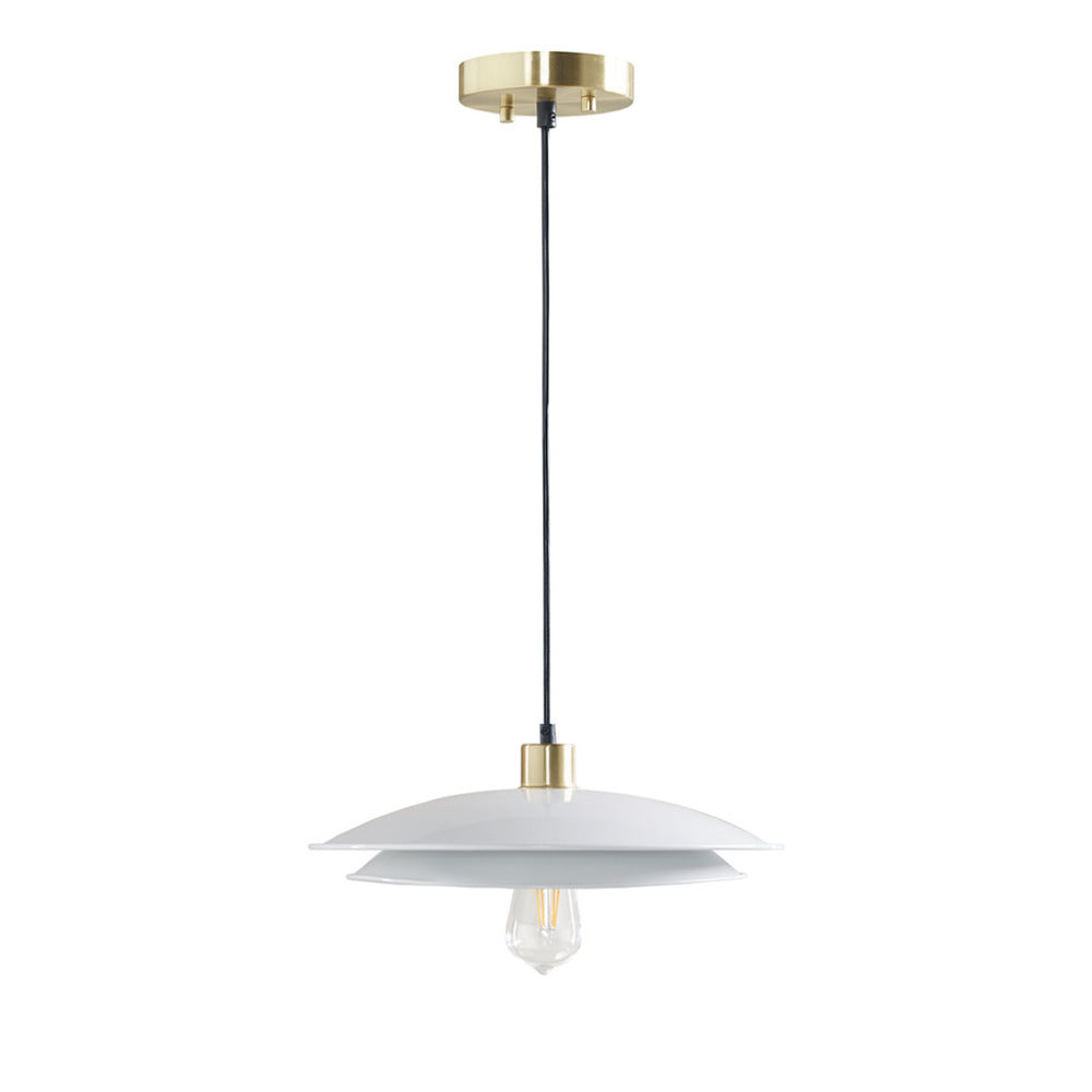 Mid-Century Modern Pendant Light – Double Disc Shade, Matte White & Gold Ceiling Base