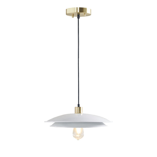 Mid-Century Modern Pendant Light – Double Disc Shade, Matte White & Gold Ceiling Base