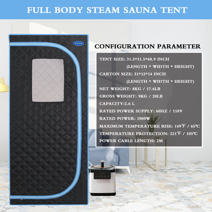Full-Size Plus Steam Sauna Tent for Home | Stainless Steel Frame, 2.6L Steam Generator, FCC Certified — Black