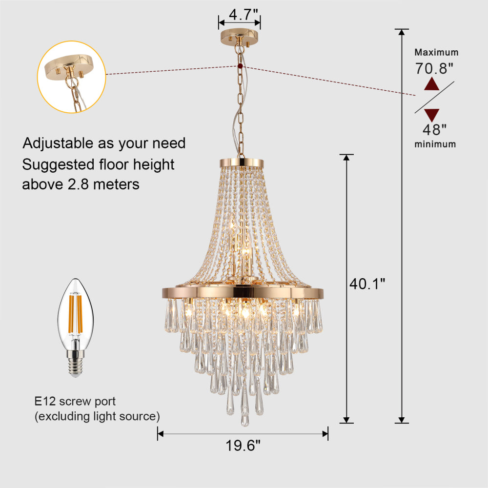 20-inch 11-light K9 crystal chandelier with gold frame, adjustable height 33-71 inches, featuring crystal drops and E12 screw port