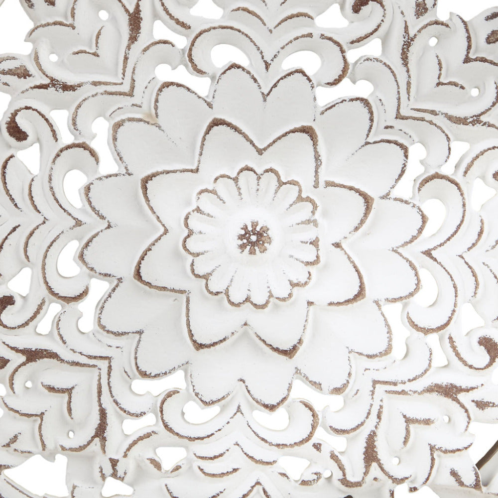Distressed White Floral Wood Wall Art – Set of 3 Round Carved Medallions, Farmhouse Décor