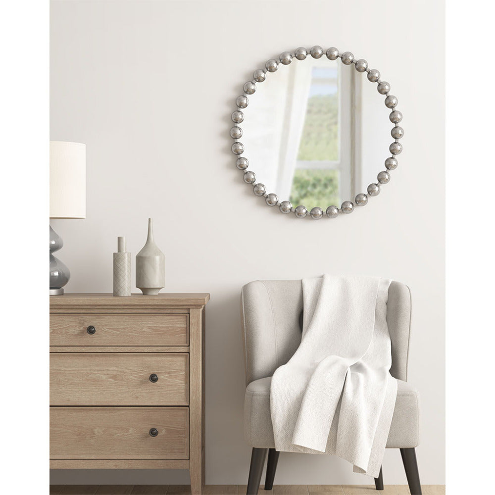 Round Beaded Iron Frame Wall Mirror – Antique Metallic Finish, 27" or 36", 4 Colors