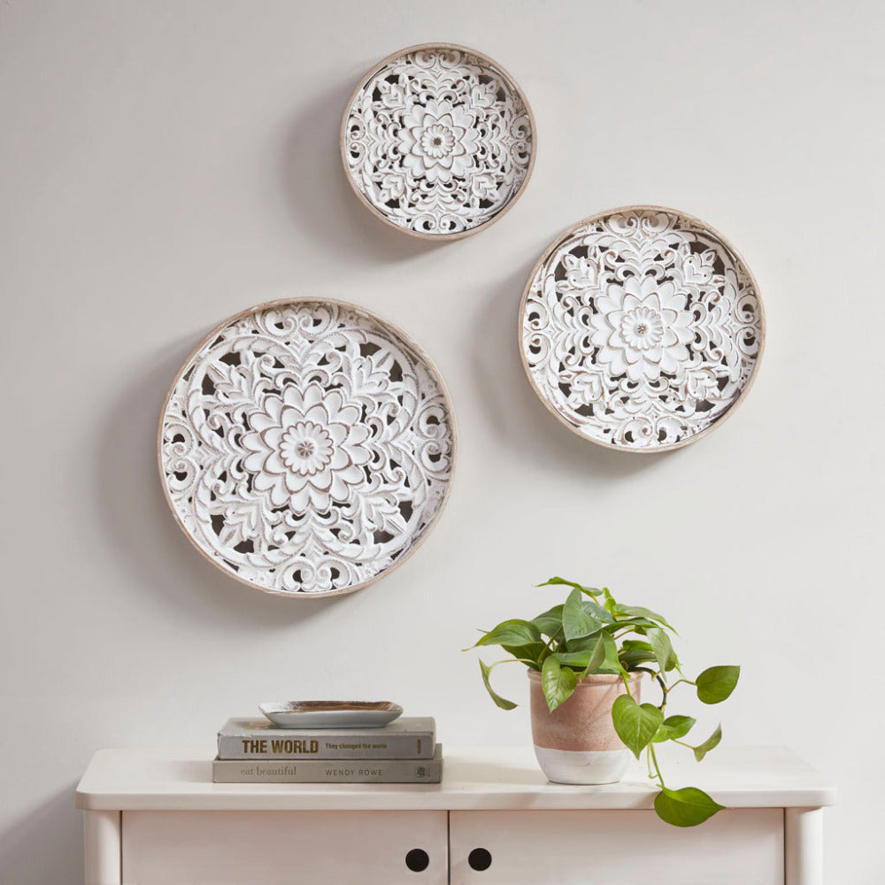 Distressed White Floral Wood Wall Art – Set of 3 Round Carved Medallions, Farmhouse Décor