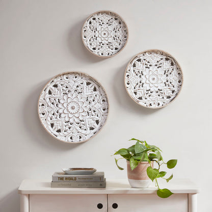 Distressed White Floral Wood Wall Art – Set of 3 Round Carved Medallions, Farmhouse Décor