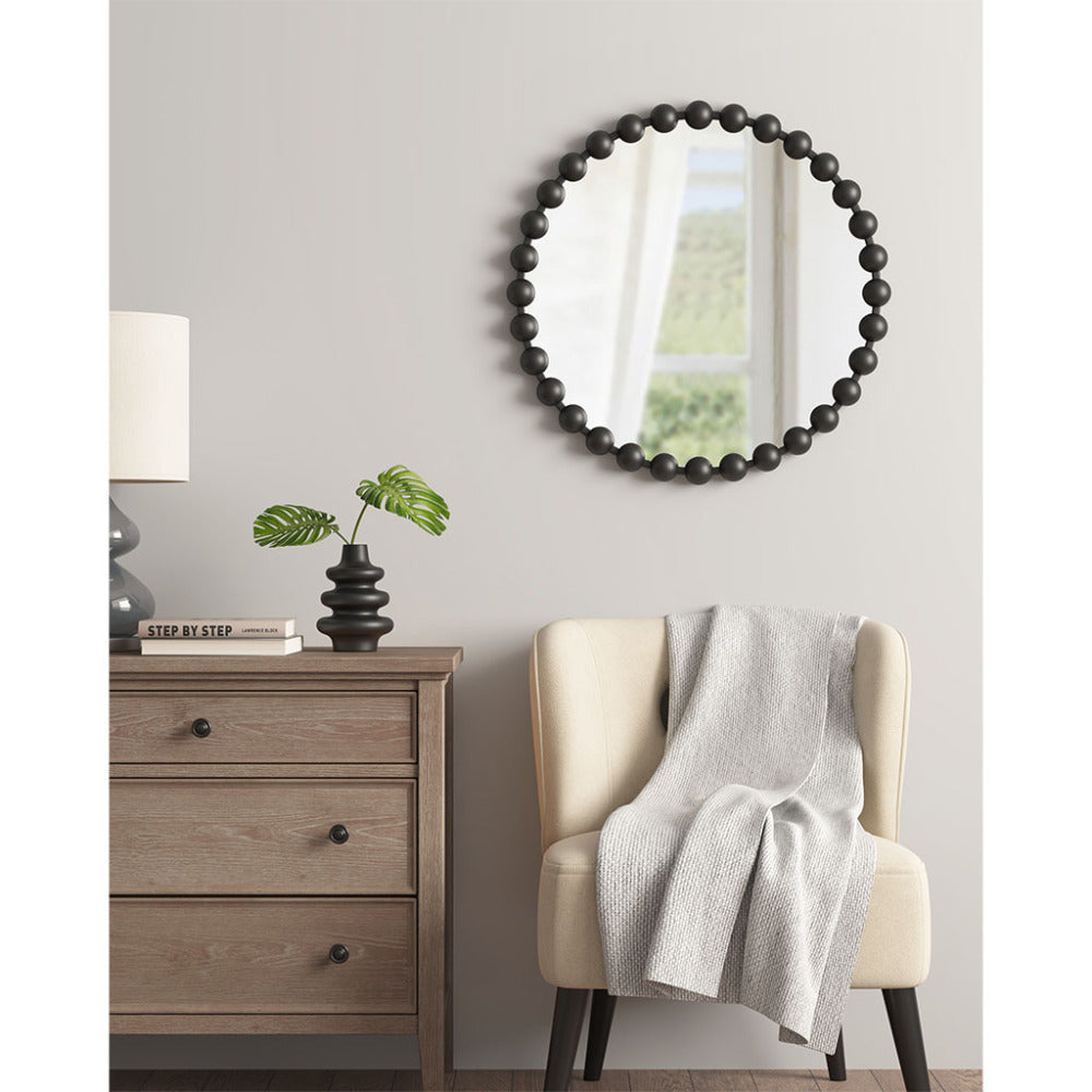 Round Beaded Iron Frame Wall Mirror – Antique Metallic Finish, 27" or 36", 4 Colors