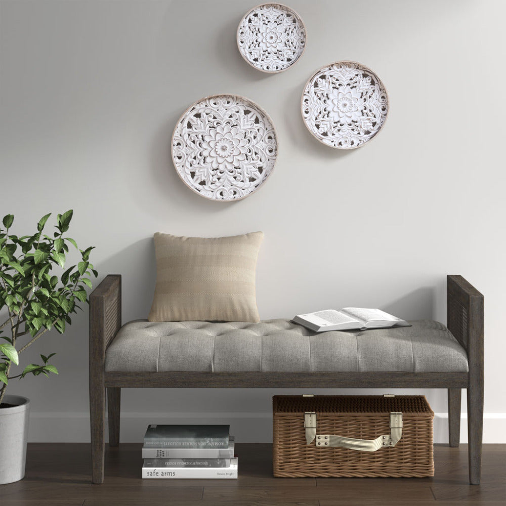 Distressed White Floral Wood Wall Art – Set of 3 Round Carved Medallions, Farmhouse Décor