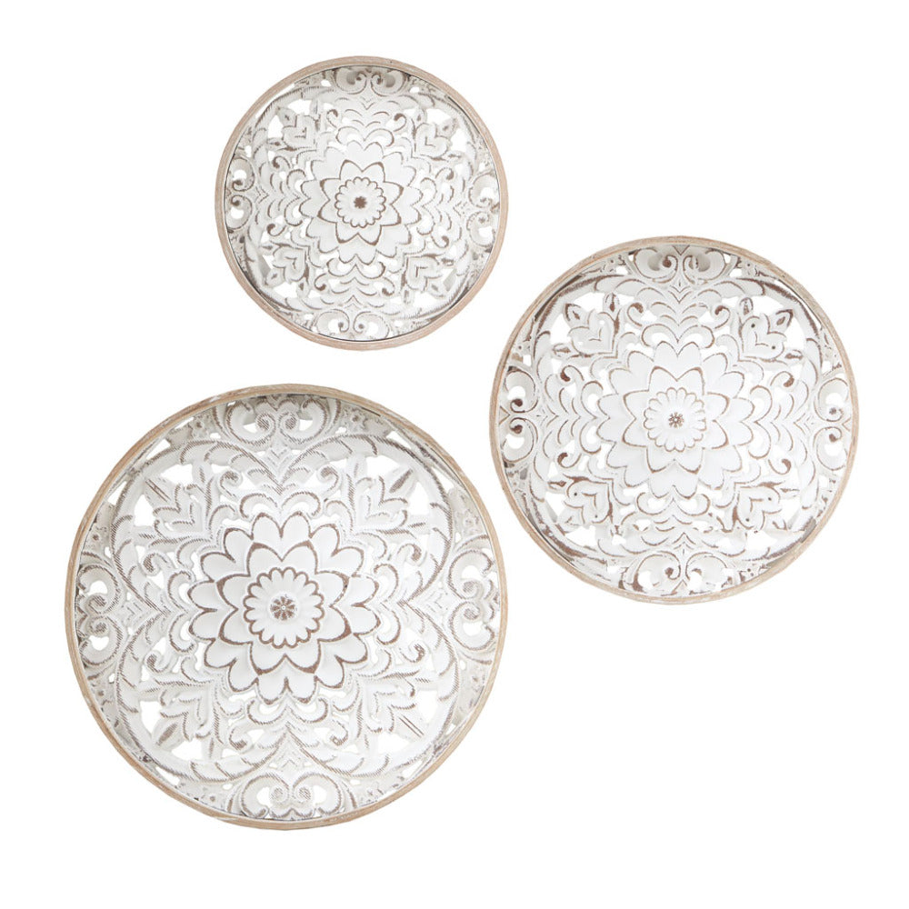 Distressed White Floral Wood Wall Art – Set of 3 Round Carved Medallions, Farmhouse Décor