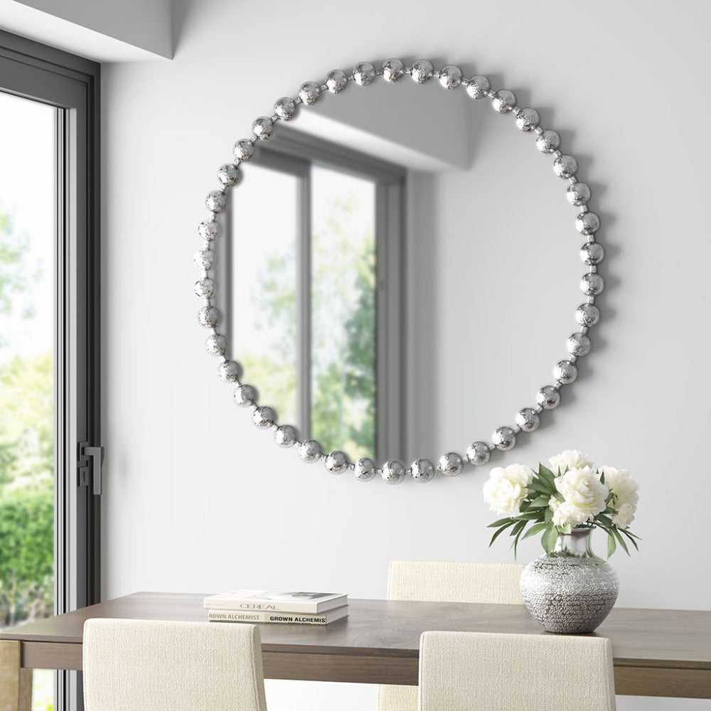 Round Beaded Iron Frame Wall Mirror – Antique Metallic Finish, 27" or 36", 4 Colors