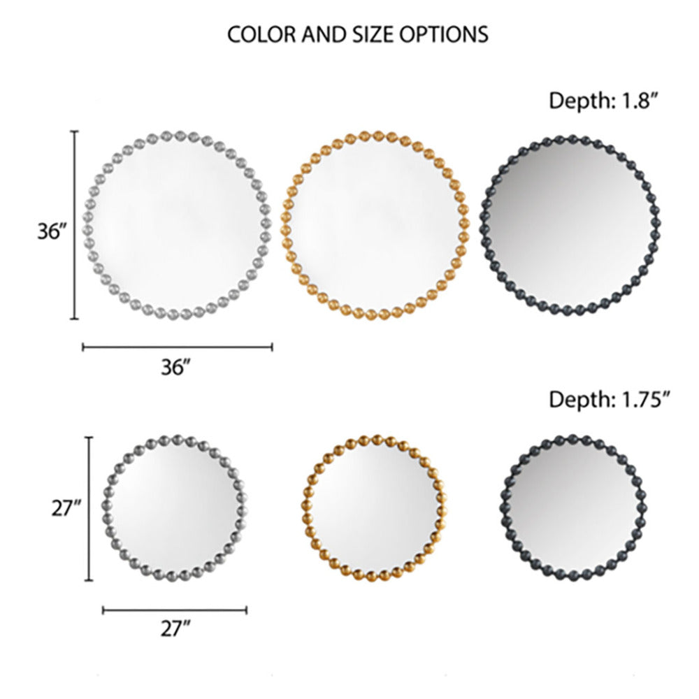 Round Beaded Iron Frame Wall Mirror – Antique Metallic Finish, 27" or 36", 4 Colors