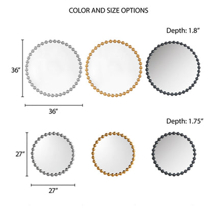 Round Beaded Iron Frame Wall Mirror – Antique Metallic Finish, 27" or 36", 4 Colors