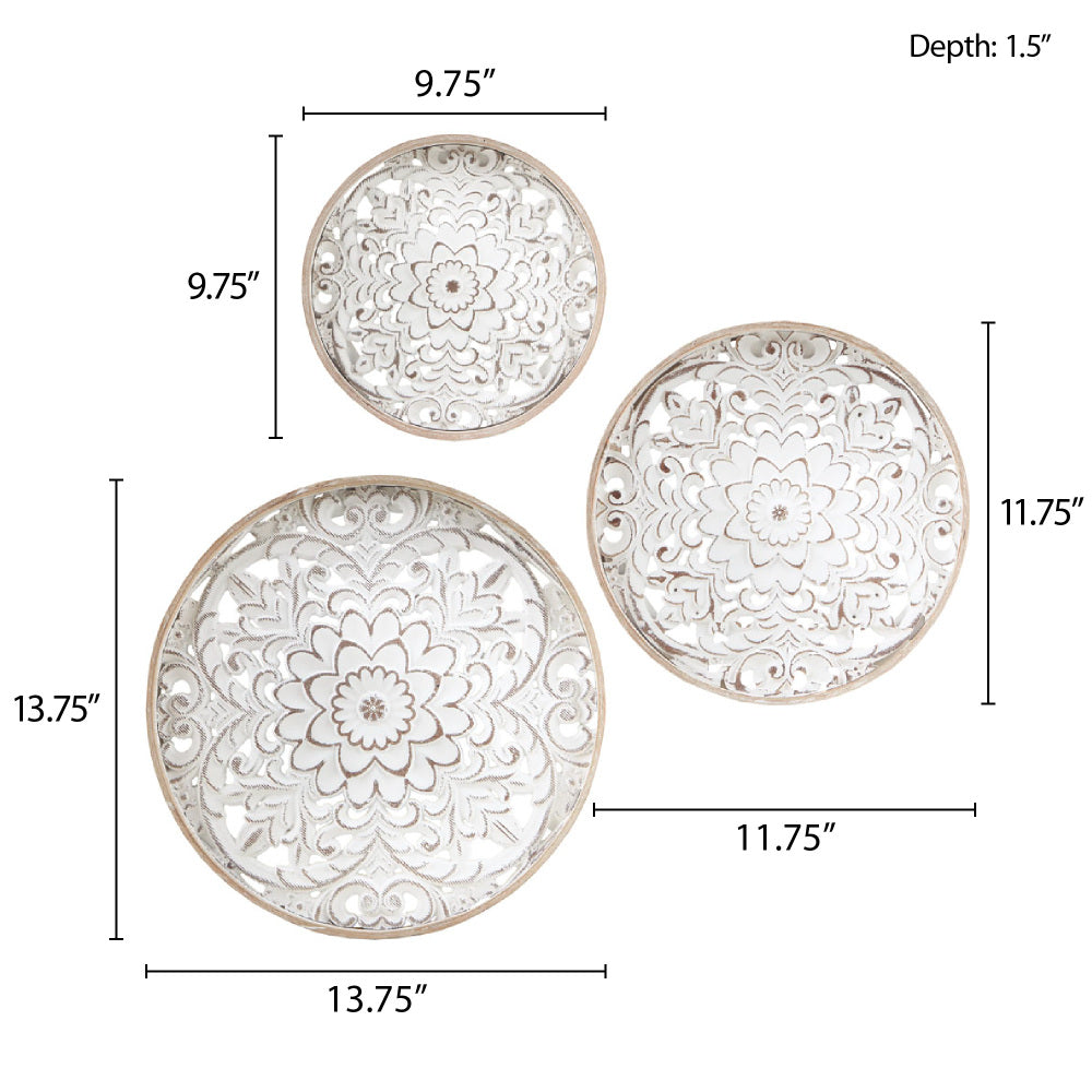 Distressed White Floral Wood Wall Art – Set of 3 Round Carved Medallions, Farmhouse Décor