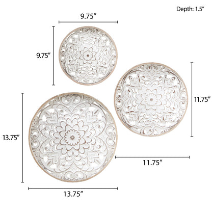 Distressed White Floral Wood Wall Art – Set of 3 Round Carved Medallions, Farmhouse Décor