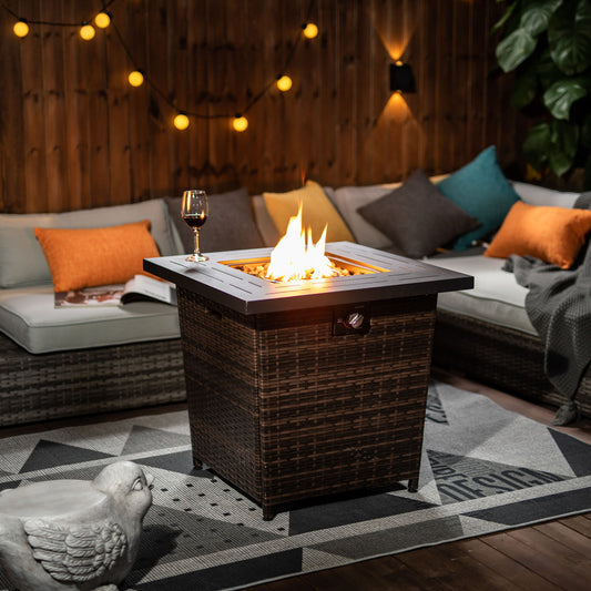 28" Square Propane Fire Pit Table | 50,000 BTU Wicker & Steel Fire Table with Decorative Stones & Steel Lid — Black