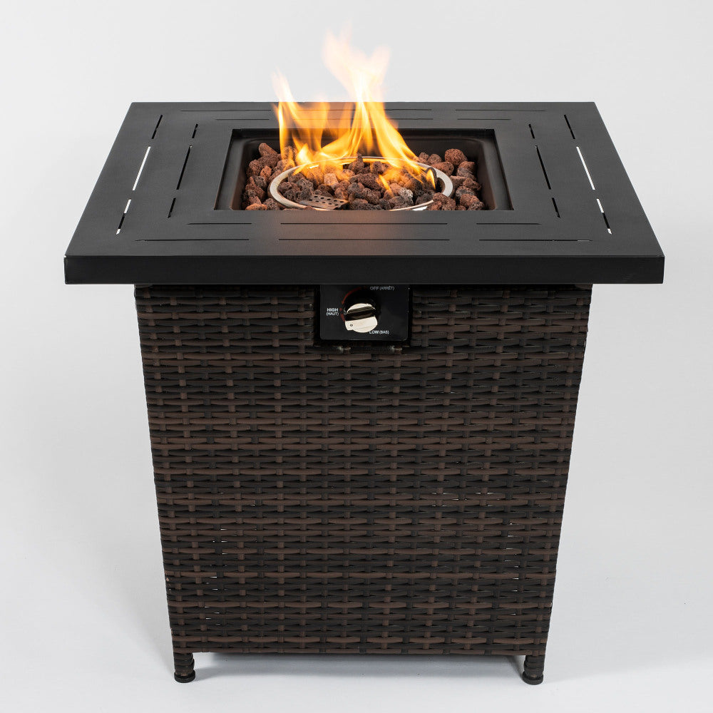 28" Square Propane Fire Pit Table | 50,000 BTU Wicker & Steel Fire Table with Decorative Stones & Steel Lid — Black
