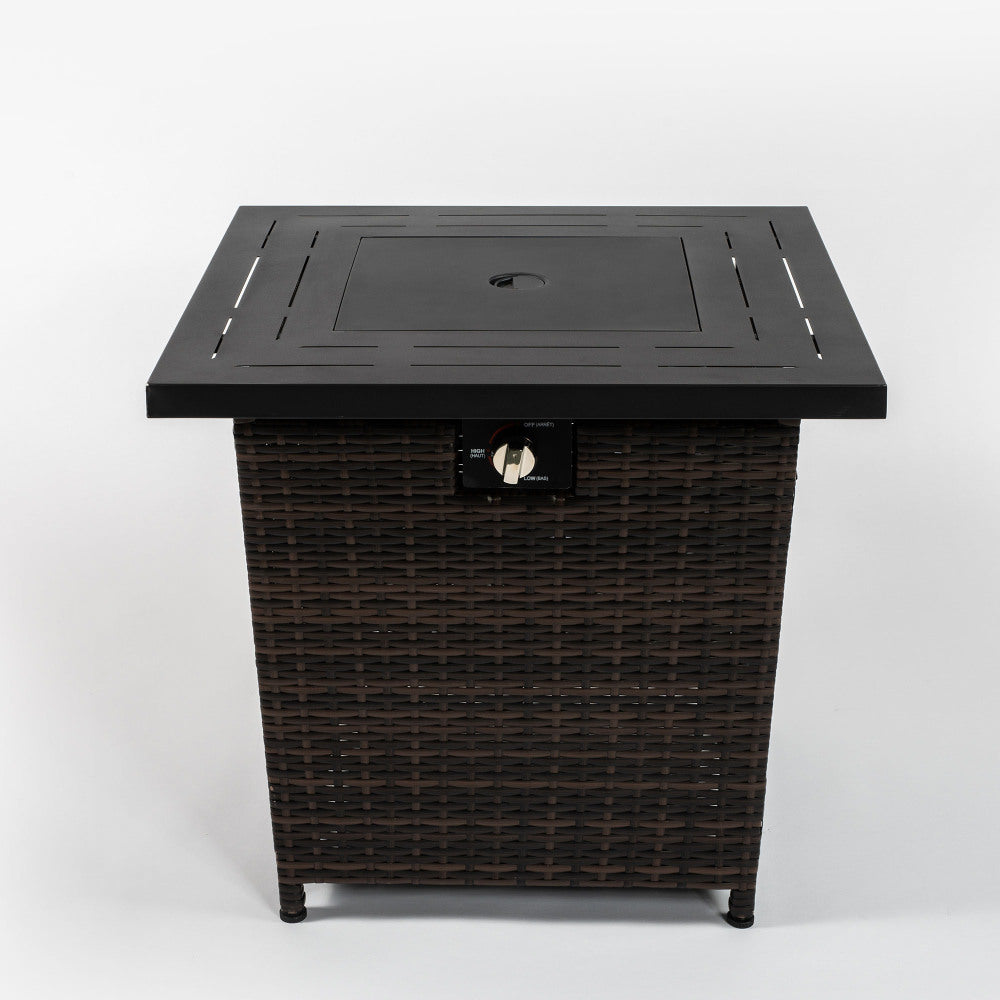 28" Square Propane Fire Pit Table | 50,000 BTU Wicker & Steel Fire Table with Decorative Stones & Steel Lid — Black