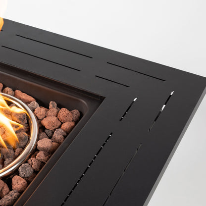28" Square Propane Fire Pit Table | 50,000 BTU Wicker & Steel Fire Table with Decorative Stones & Steel Lid — Black