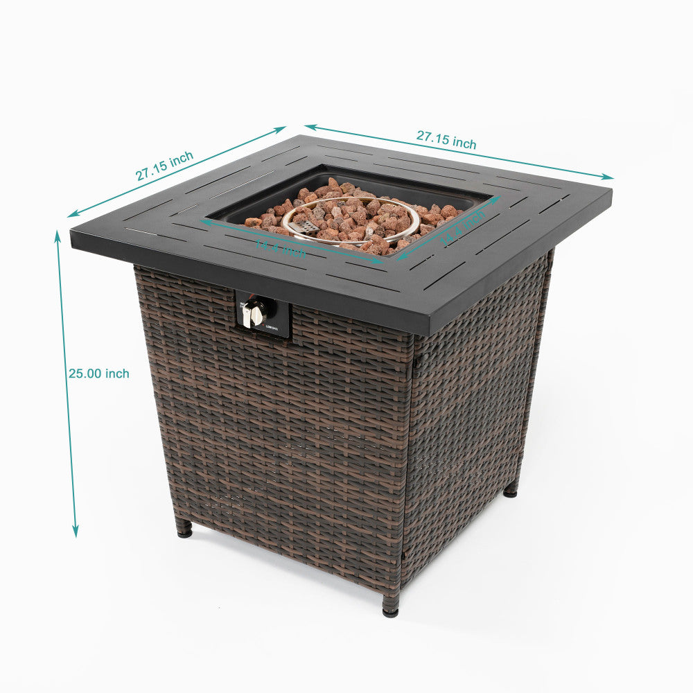 28" Square Propane Fire Pit Table | 50,000 BTU Wicker & Steel Fire Table with Decorative Stones & Steel Lid — Black