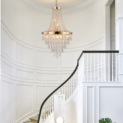 20-inch K9 crystal chandelier with gold finish, 11 lights, adjustable height 33-71 inches, installed above curved staircase.