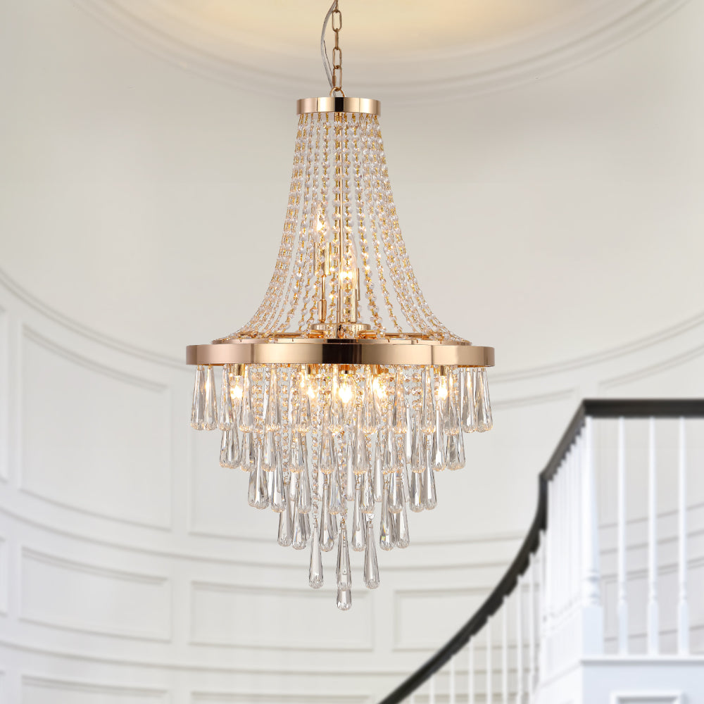 Close-up of 20-inch K9 crystal chandelier with gold finish, 11 lights, adjustable height 33-71 inches, featuring crystal drops and lit bulbs.