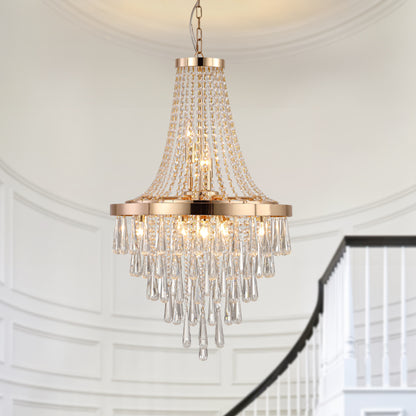 Close-up of 20-inch K9 crystal chandelier with gold finish, 11 lights, adjustable height 33-71 inches, featuring crystal drops and lit bulbs.