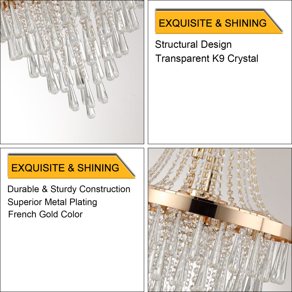 Close-up of 20-inch K9 crystal chandelier's crystal drops and gold metal plating, highlighting structural design.