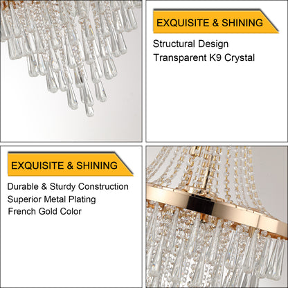 Close-up of 20-inch K9 crystal chandelier's crystal drops and gold metal plating, highlighting structural design.
