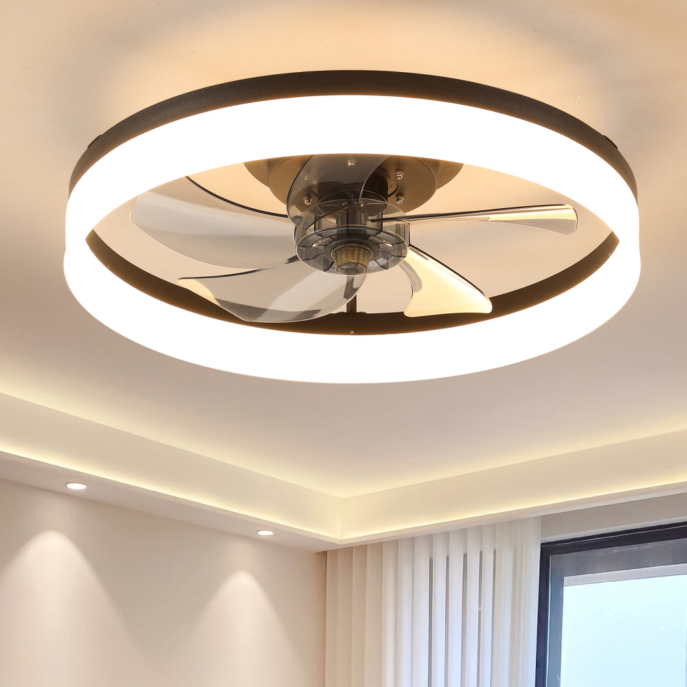 Flush Mount Ceiling Fan with Dimmable LED Light – Slim Embedded Design, Remote Control & Ultra-Quiet 21dB Motor Black