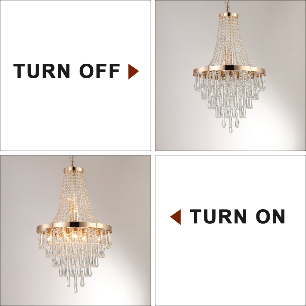 20-inch K9 crystal chandelier with gold finish, 11 lights, adjustable height 33-71 inches, shown in off state with crystal drops.